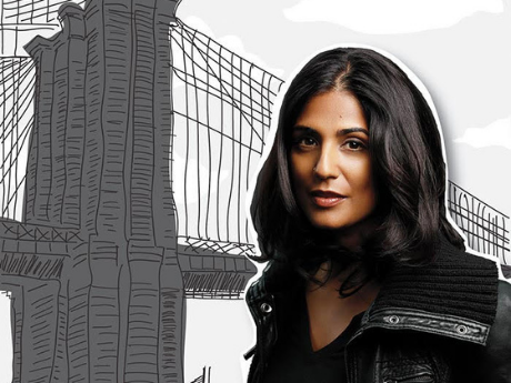 Author photo of Mira Jacob before an illustration of the Brooklyn Bridge