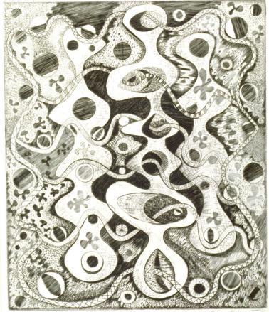 Escape Into Time by Peter J. Grippe. An abstract engraving.