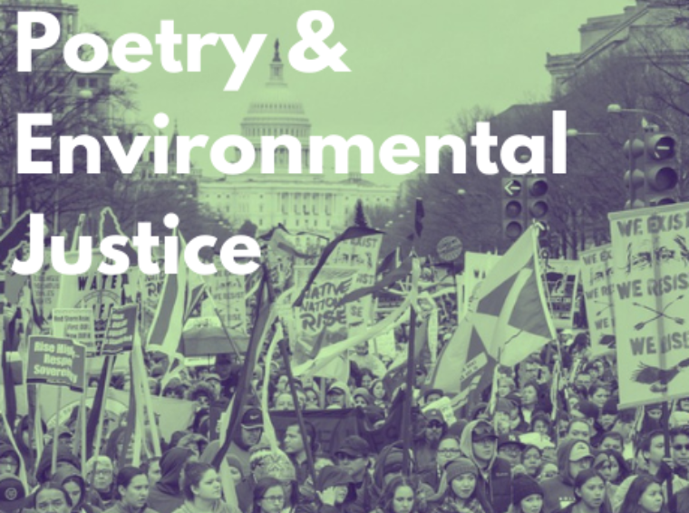 Logo for the Poetry and Environmental Justice series. Protestors hold signs in front of the U.S. Capitol Building.