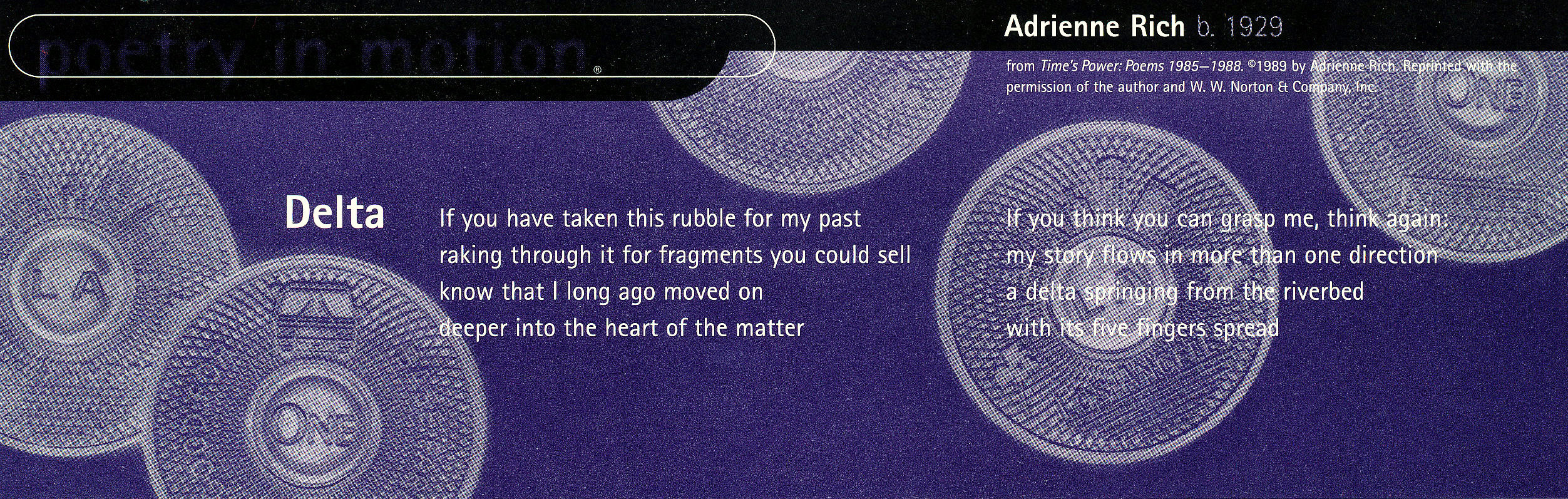 A vertical purple poster decorated with Los Angeles transit tokens features a poem titled Delta, by Adrienne Rich.