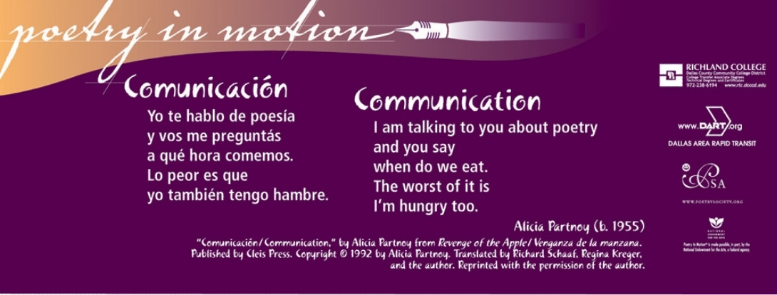 A vertical purple poster features the poem Comunicación, Communication by Alicia Partnoy in white text.