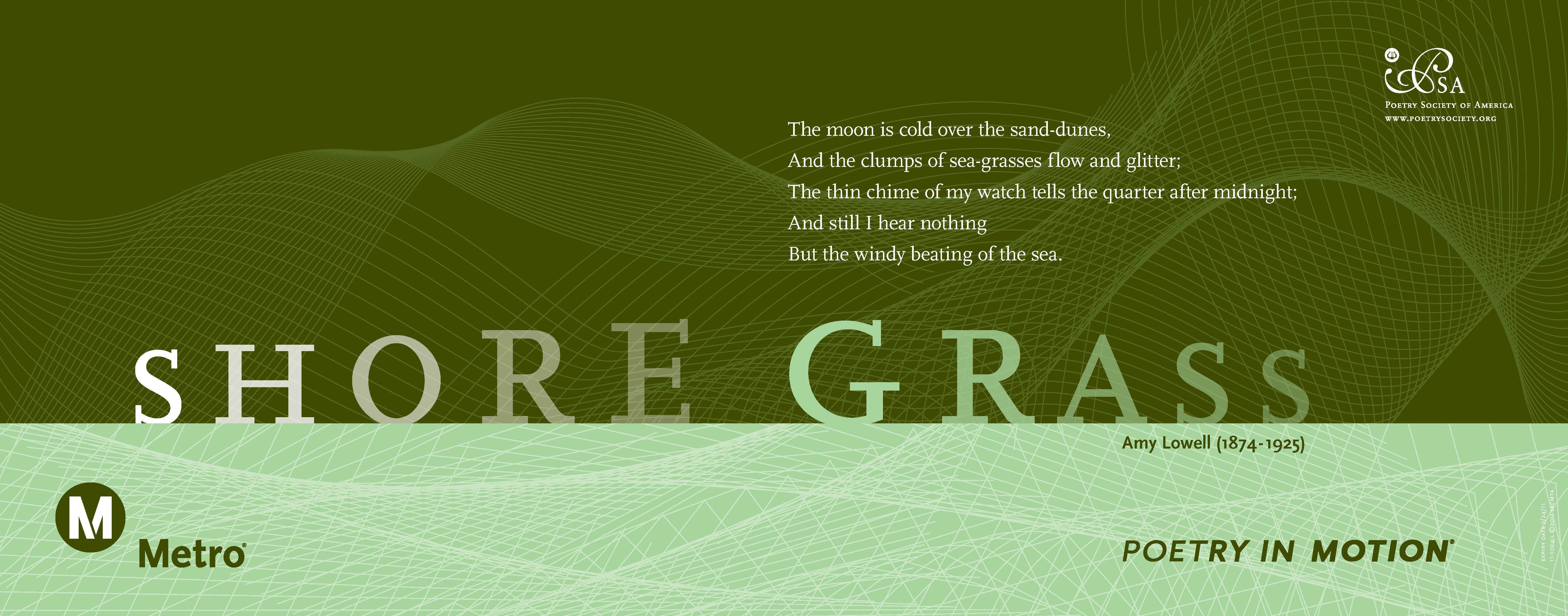 A vertical poster in shades of green features a poem titled Shore Grass, by Amy Lowell.