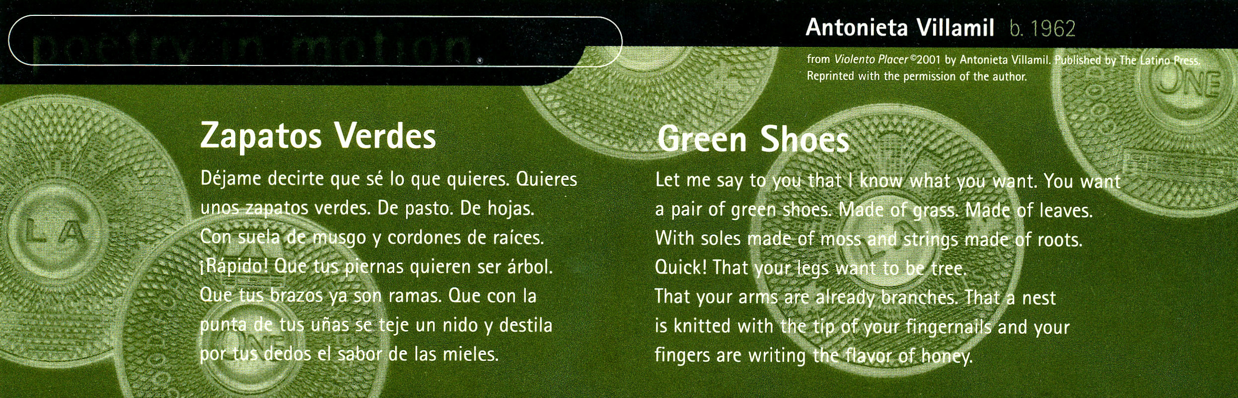 An olive green poster decorated with Los Angeles transit tokens features a poem titled Green Shoes, by Antonieta Villamil.