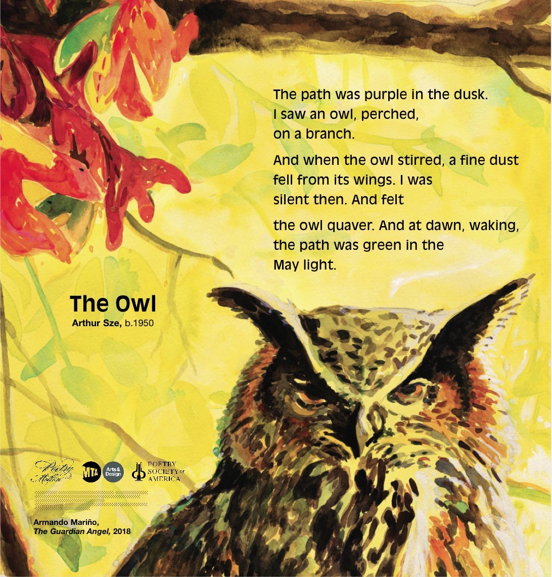 A poster featuring art by Armando Mariño depicts a forward-facing owl against a bright yellow background and red flowers. Above the owl is a poem written in black text titled The Owl, by Arthur Sze.