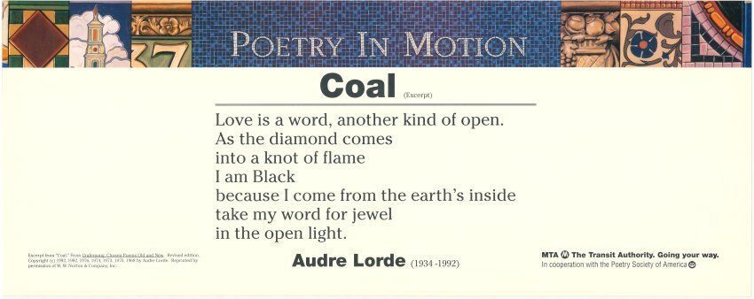 A white horizontal poster with a colorful mosaic at the top features an excerpt from the poem, Coal, by Audre Lorde.