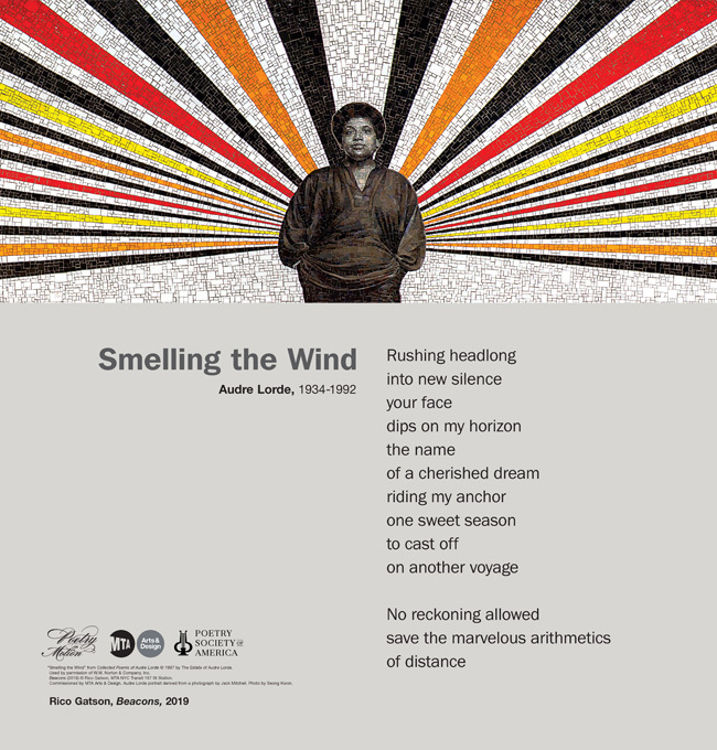 A vertical poster featuring artwork by Rico Gatson shows Audre Lorde from the hips up, facing forward. Her hands are in her pockets and colorful rays extend behind her. Below this is a poem by Audre Lorde titled Smelling the Wind.