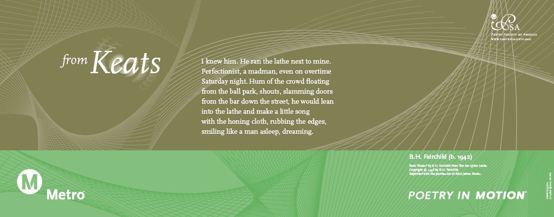 A two-toned green poster features an excerpt from the poem Keats, by B. H. Fairchild.