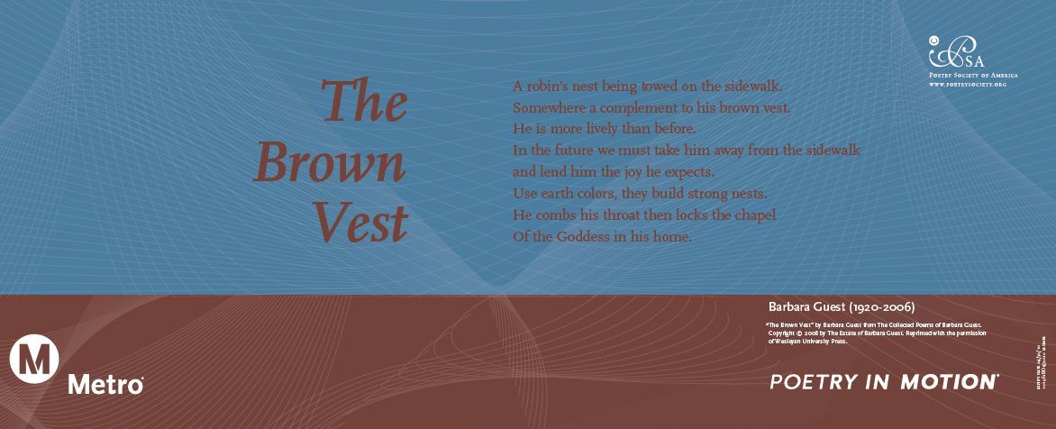 A vertical blue and brown poster features a poem titled The Brown Vest, by Barbara Guest.