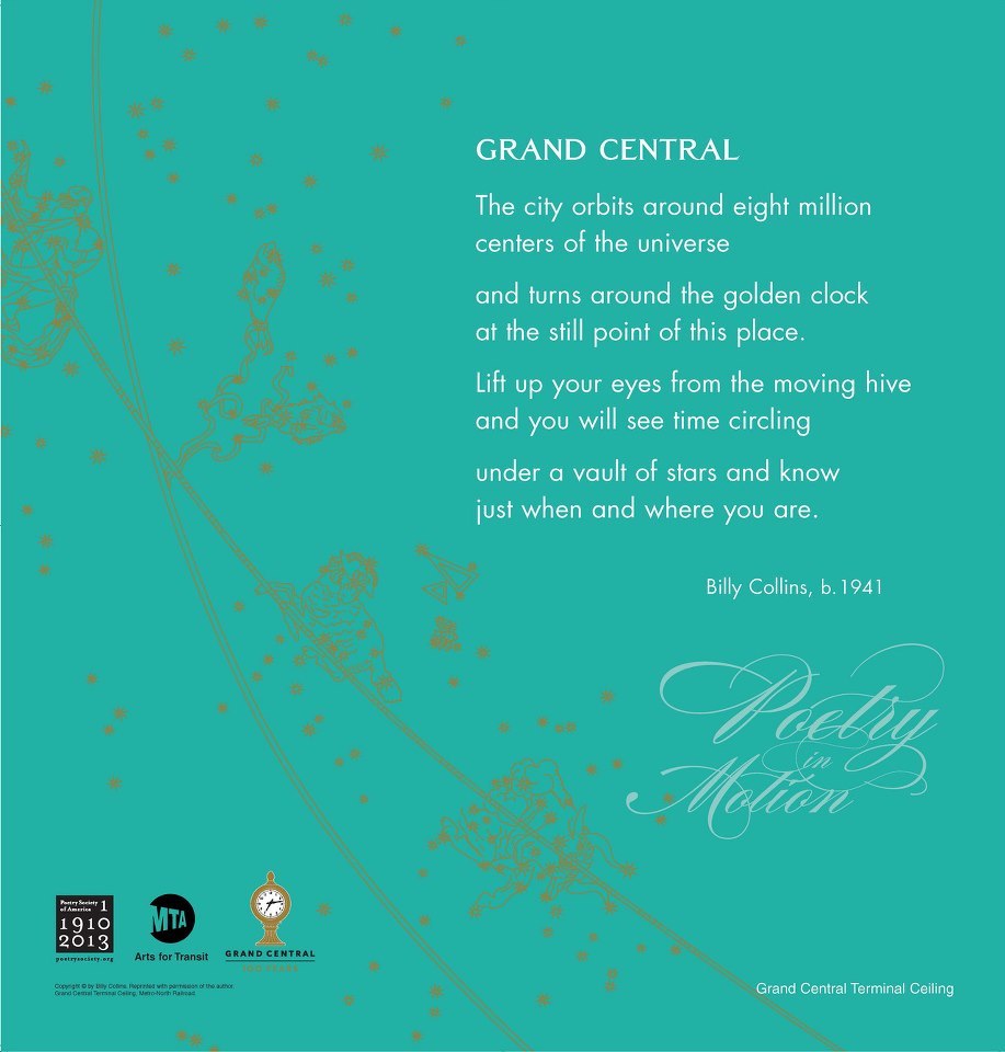 A turquoise poster with an abstract gold design features a poem titled Grand Central, written by Billy Collins.