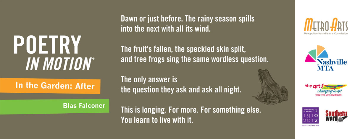 A brown vertical poster features the poem In the Garden: After by Blas Falconer. The poem is written in white text and to the right of it is an illustration of a frog.