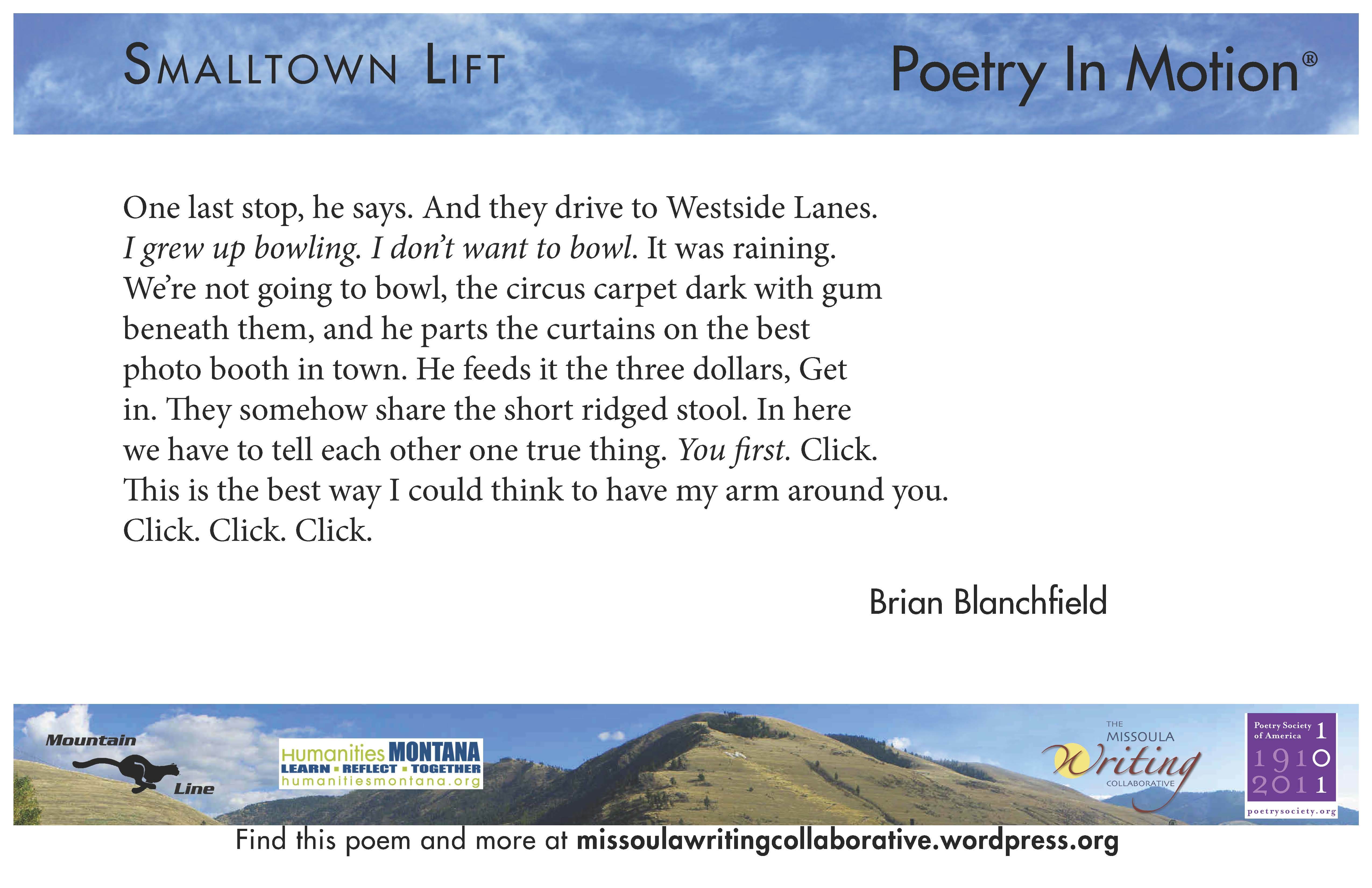 A white poster features the poem Smalltown Lift by Brian Blanchfield. The poster is bordered by blue sky and green hills.
