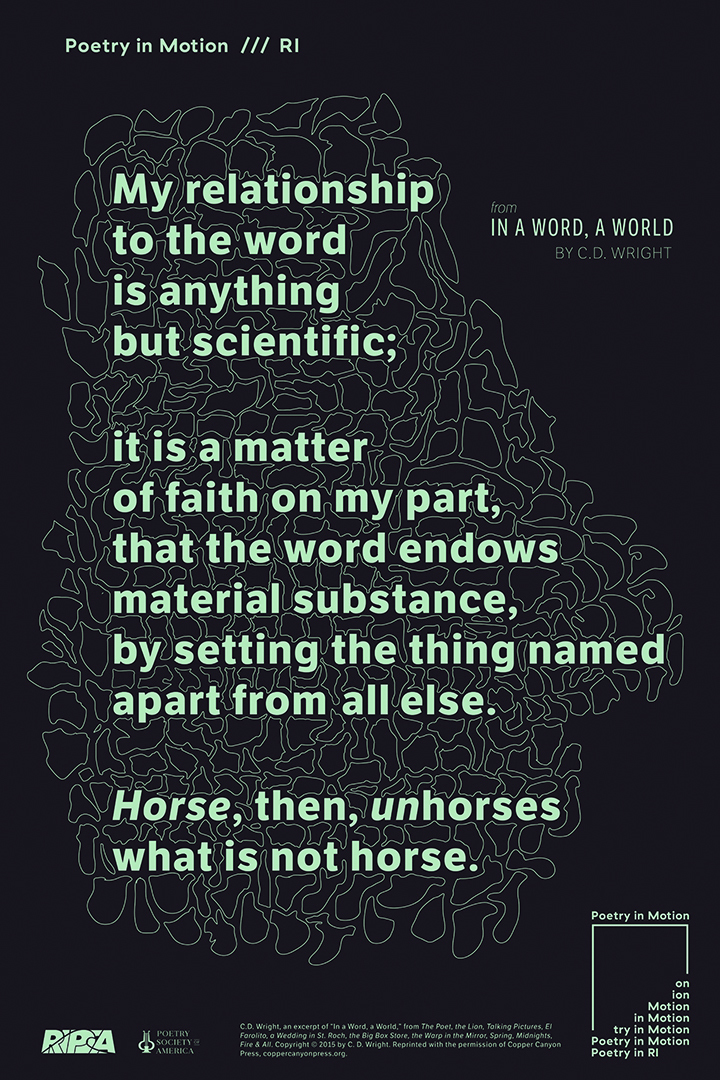 A navy blue poster with a bright green abstract design features an excerpt from the poem, In a Word, A World by C.D. Wright.