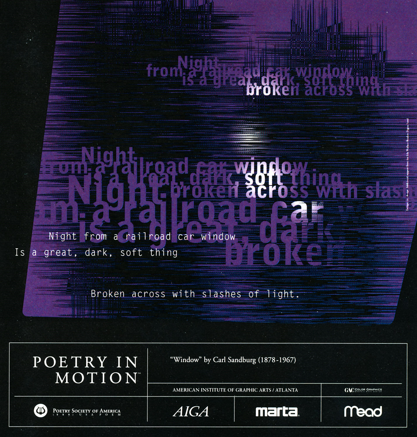 A black and purple poster features the poem Window by Carl Sandburg written in white text.
