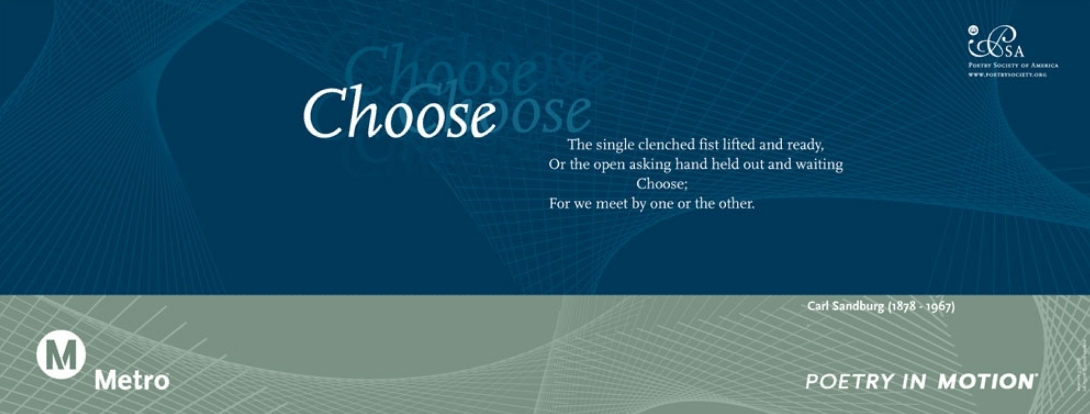 A navy blue and olive-green poster features a poem titled Choose, by Carl Sandburg.