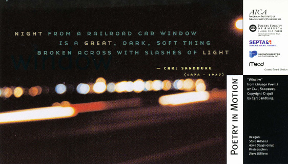A vertical poster features light trails on a highway at night. The poem, Window by Carl Sandburg is written in pale yellow and teal text.