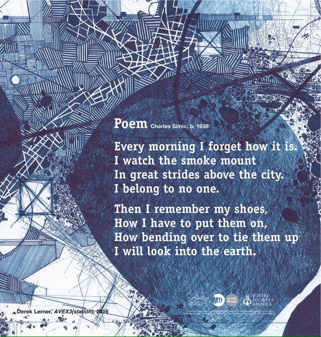 A poster featuring art by Derek Lerner depicts a satellite-looking map in blue pen and ink. Superimposed on the art is a poem in white text titled Poem, written by Charles Simic.