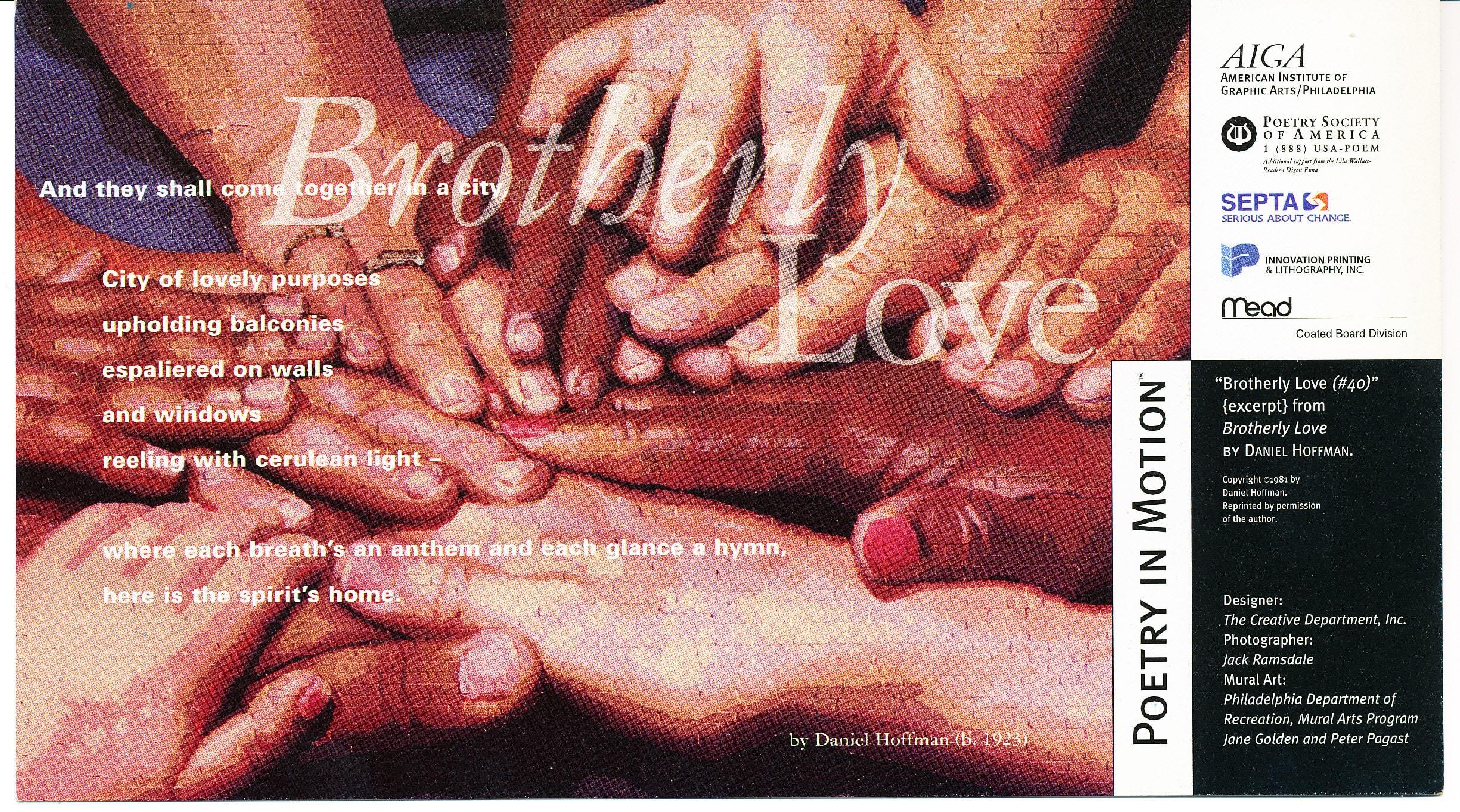 A vertical poster features a mural of overlapping hands. The poem, Brotherly Love by Daniel Hoffman is written in beige text.