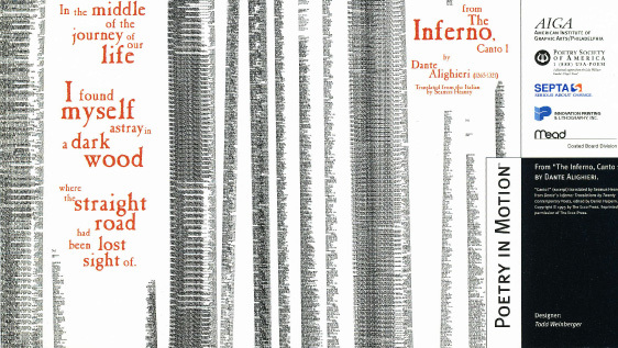 A vertical poster features an abstract white and black design. The poem, from The Inferno by Dante Alighieri is written in orange text.