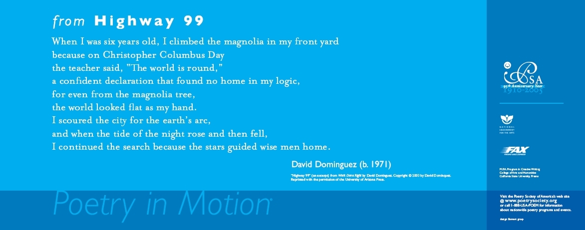 A two-toned blue poster features an excerpt from the poem, Highway 99 by David Dominguez, written in white text.