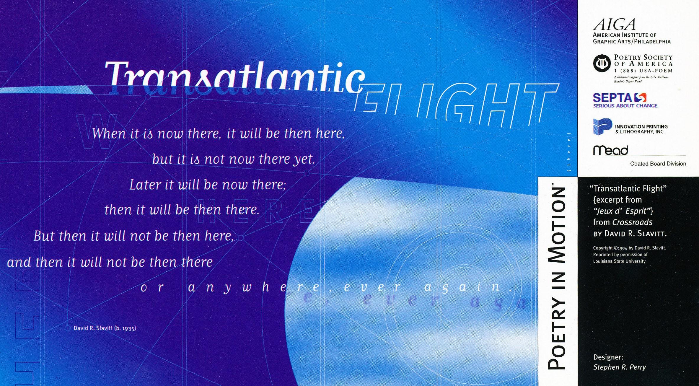 A vertical poster features an abstract, futuristic design in shades of blue. The poem Transatlantic Flight by David Slavitt is written in white text.