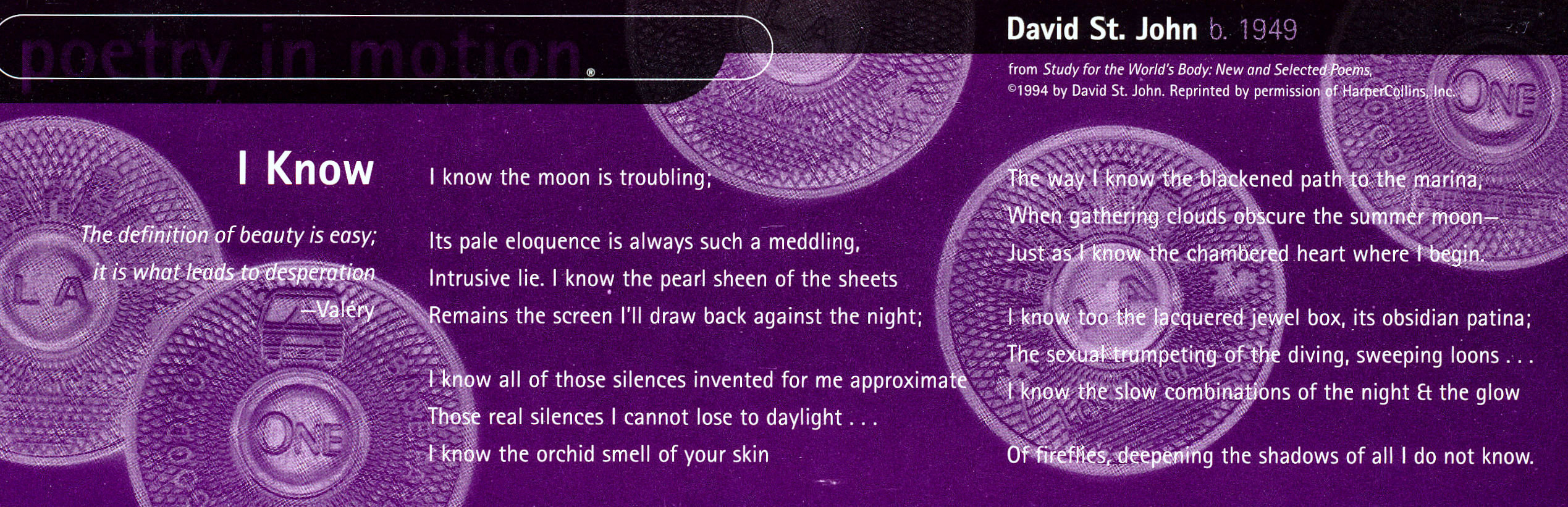 A purple poster decorated with Los Angeles transit tokens features a poem titled I Know, by David St. John.