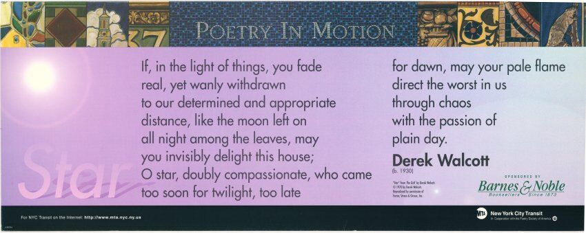 A multi-toned purple poster with a colorful mosaic at the top features a poem titled Star, by Derek Walcott.