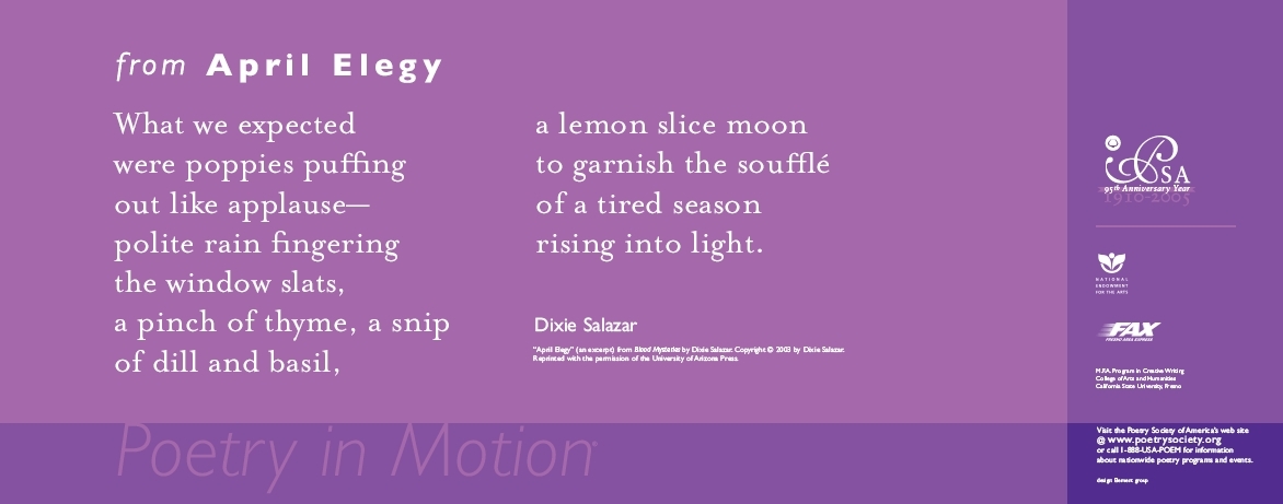 A two-toned purple poster features an excerpt from the poem, April Elegy by Dixie Salazar, written in white text.