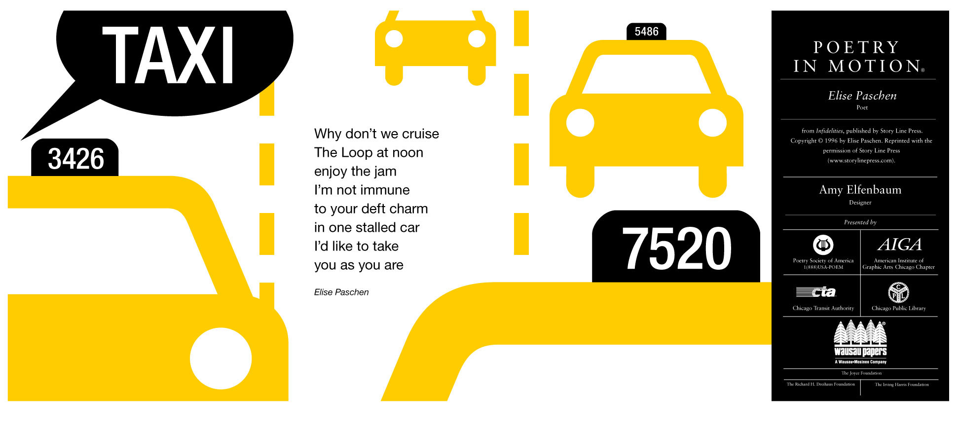 A white poster decorated with yellow taxis features the poem Taxi by Elise Paschen.