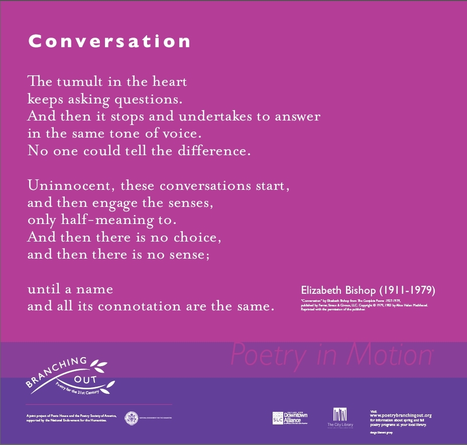 A poster in shades of purple features the poem, Conversation by Elizabeth Bishop.