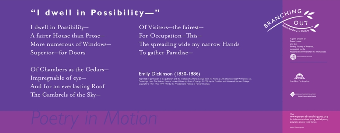 A two-toned purple poster features the poem, I dwell in Possibility by Emily Dickinson, written in white text.
