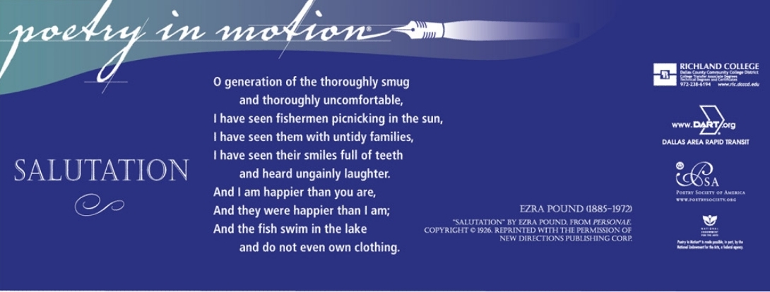 A poster in shades of blue features the poem Salutation by Ezra Pound written in white text.