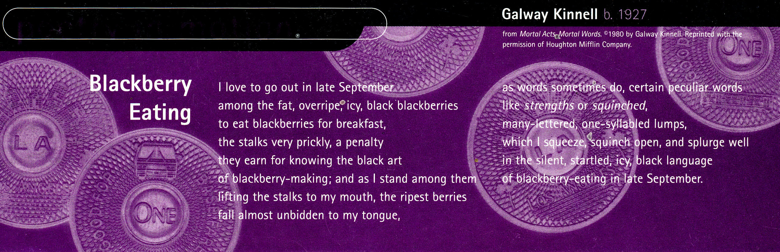 A horizontal purple poster decorated with Los Angeles transit tokens features a poem titled Blackberry Eating by Galway Kinnell.