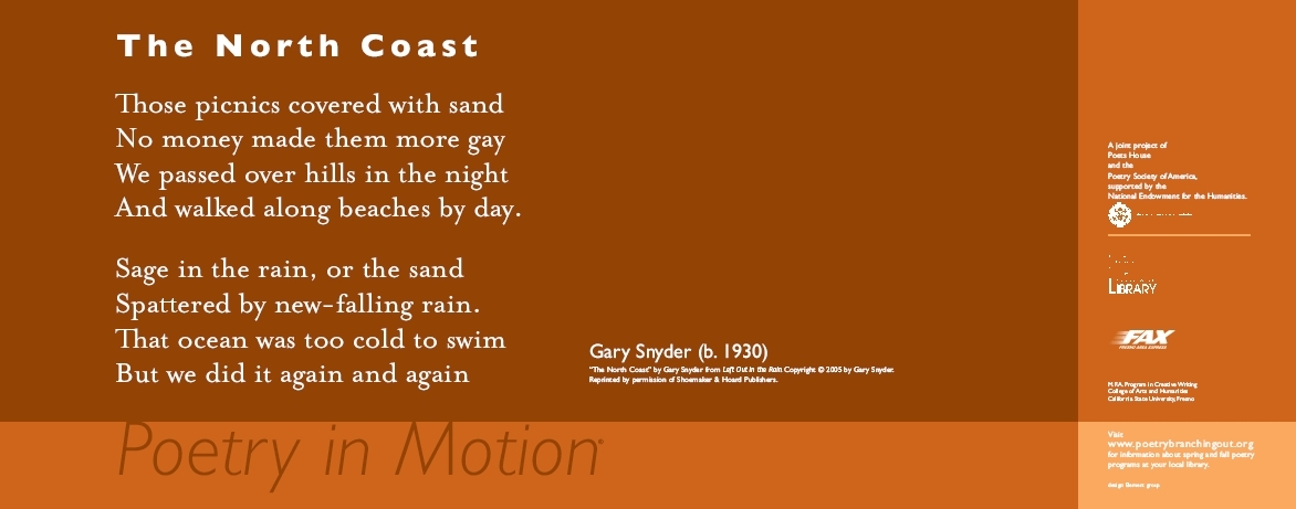 A two-toned orange poster features the poem, The North Coast by Gary Snyder, written in white text.