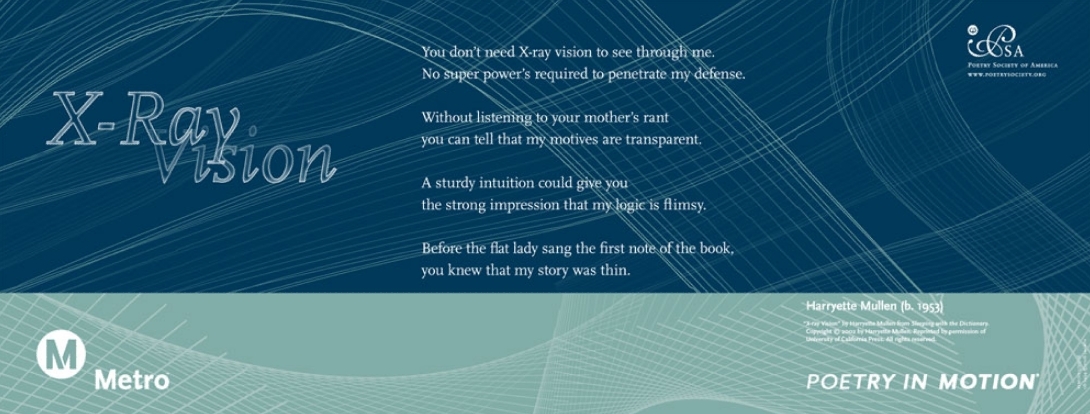 A poster in shades of blue features a poem titled X-ray Vision, by Harryette Mullen.