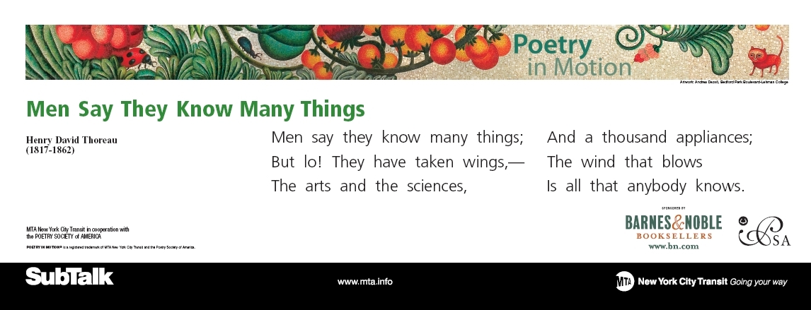 A white horizontal poster with a colorful mosaic at the top depicts a lush nature scene of insects, fruit on vines, and a small animal. Below the mosaic is a poem in green text titled Men Say They Know Many Things, by Henry David Thoreau.