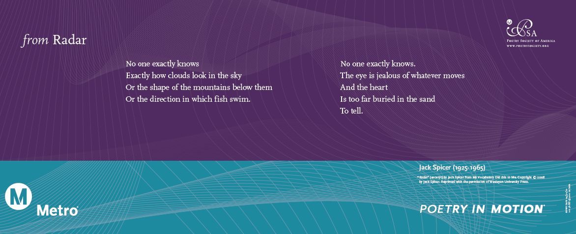 A purple and blue poster features an excerpt from the poem Radar, by Jack Spicer.