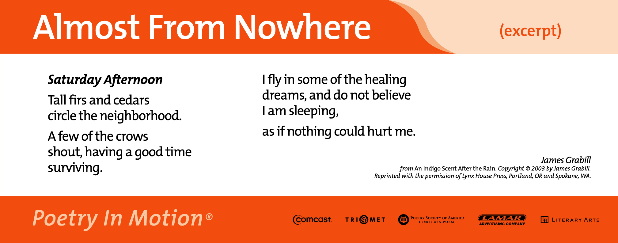 A white poster features an excerpt from the poem Almost From Nowhere by James Grabill. The poster is bordered by orange on the top and bottom.