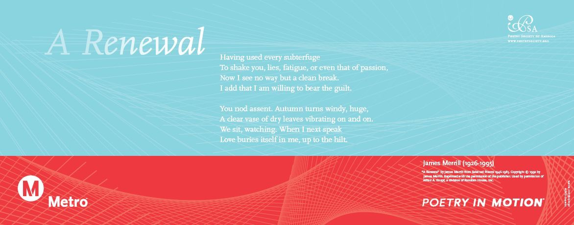 A sky-blue and red poster features a poem titled A Renewal, by James Merrill.