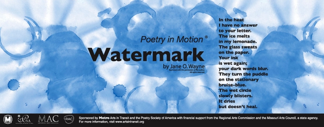 A white poster with blue watermarks features the poem, Watermark by Jane O. Wayne.