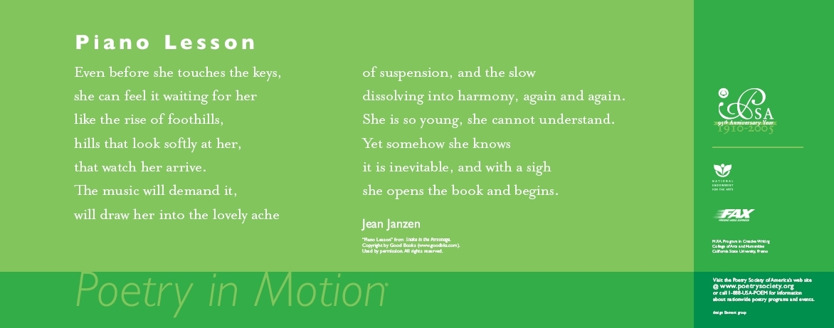 A two-toned green poster features the poem, Piano Lesson by Jean Janzen, written in white text.