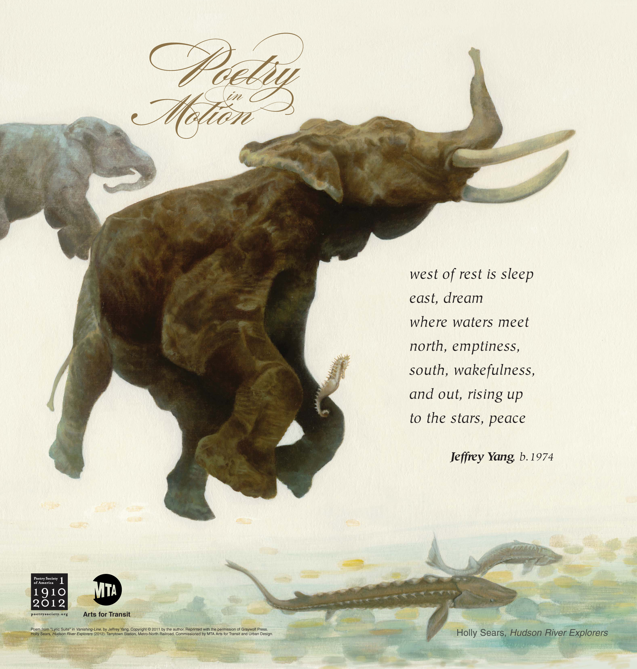 A poster featuring art by Holly Sears depicts a surreal oil painting of floating elephants and sea creatures. The backdrop consists of muted greens and yellows. The poster includes a poem titled West of rest is sleep, written by Jeffrey Yang.