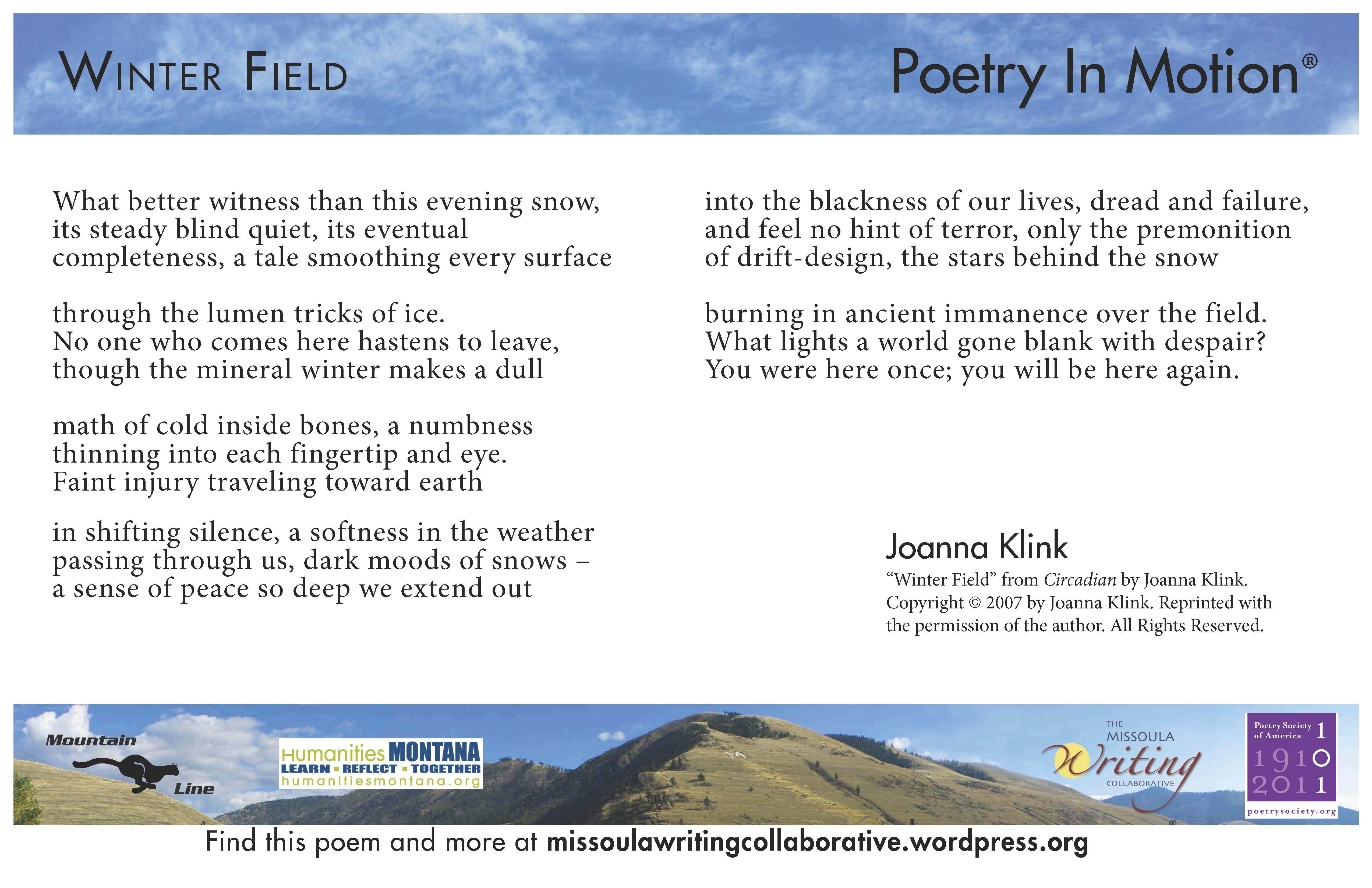 A white poster features the poem Winter Field by Joanna Klink. The poster is bordered by blue sky and green hills.