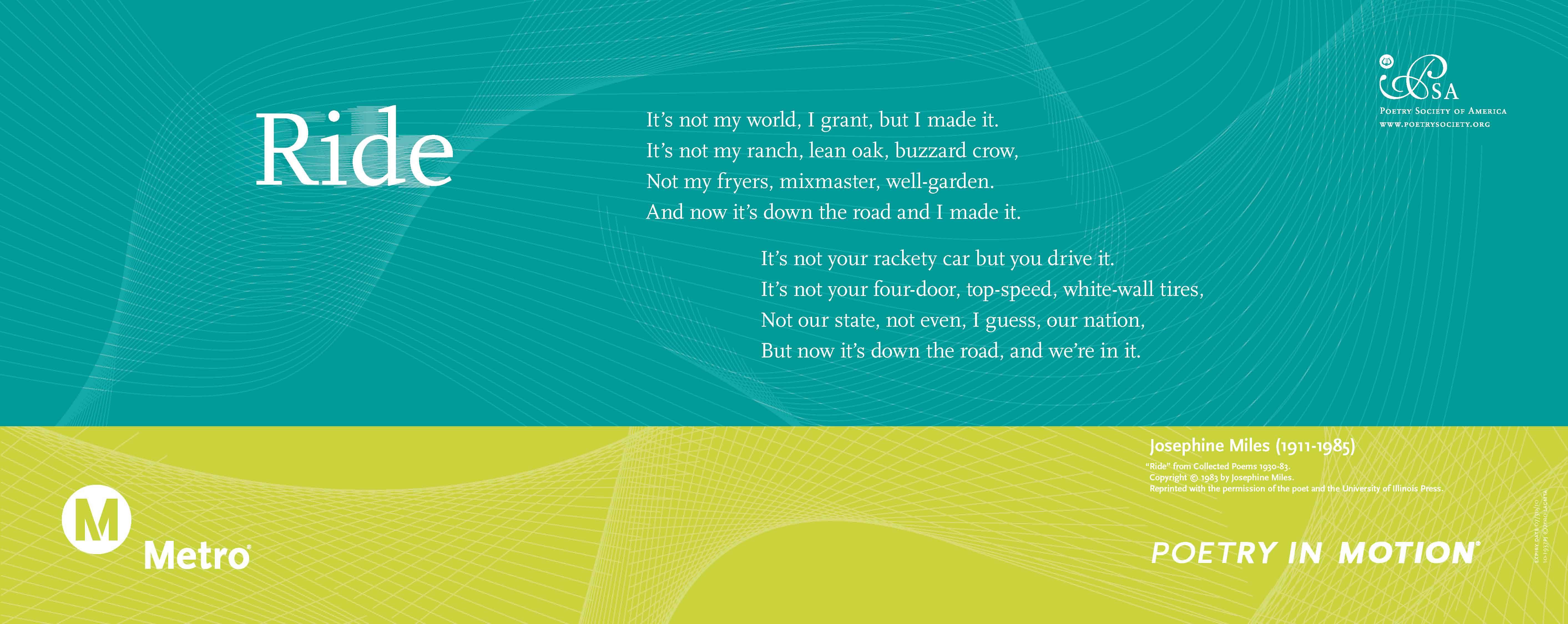 A teal and lime green poster features a poem titled Ride, by Josephine Miles.
