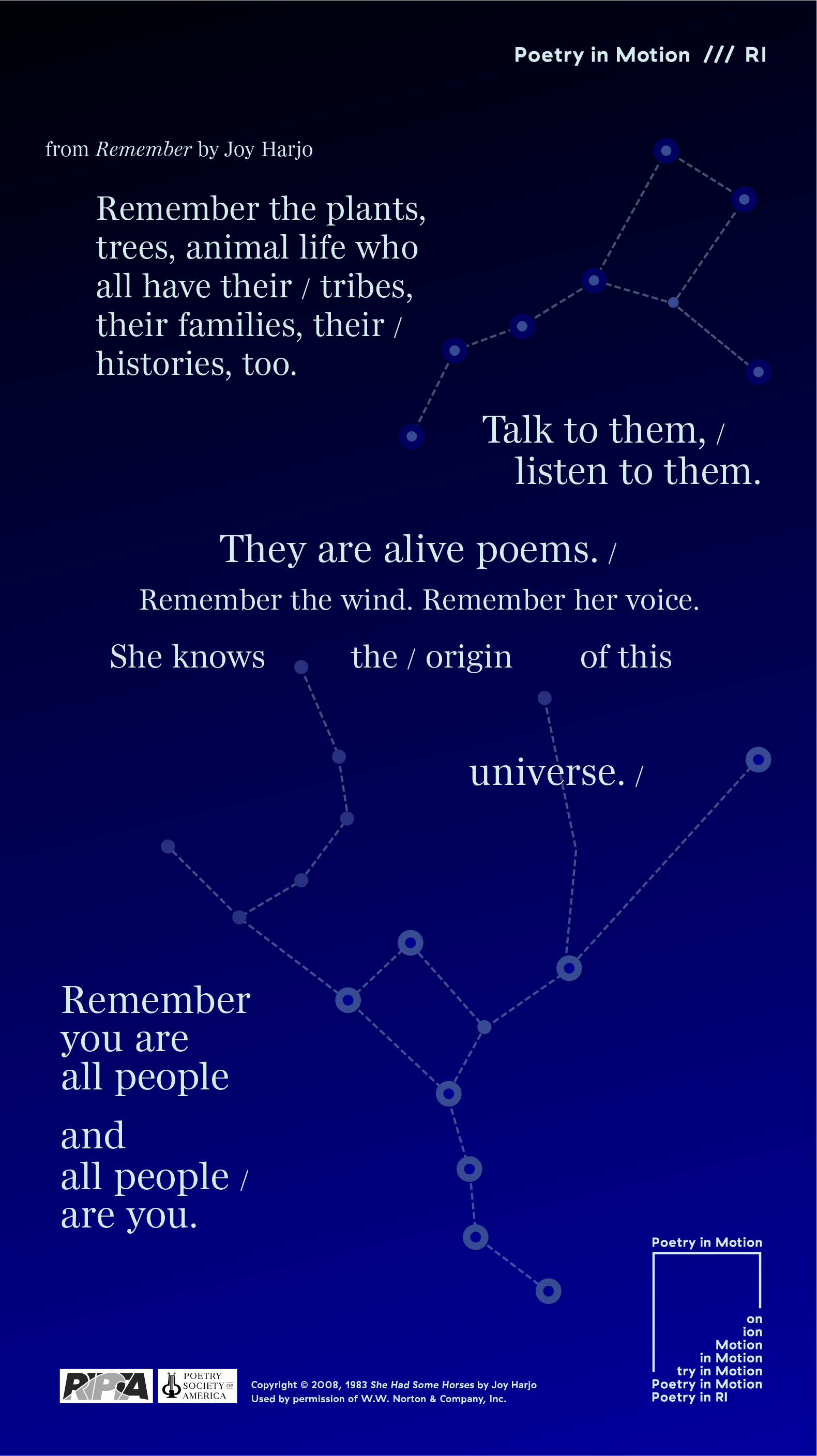 A poster in shades of blue depicts dots connected by dashed lines. An excerpt from the poem, Remember by Joy Harjo is written in white text.