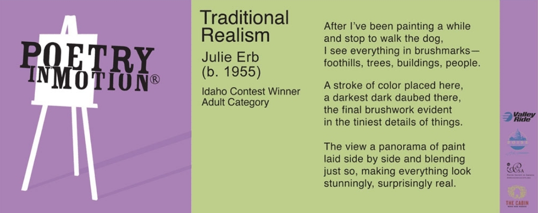 A purple and green poster features the poem Traditional Realism by Julie Erb. To the right of the poem is a white easel with a canvas. The words Poetry in Motion are written over it in black text.
