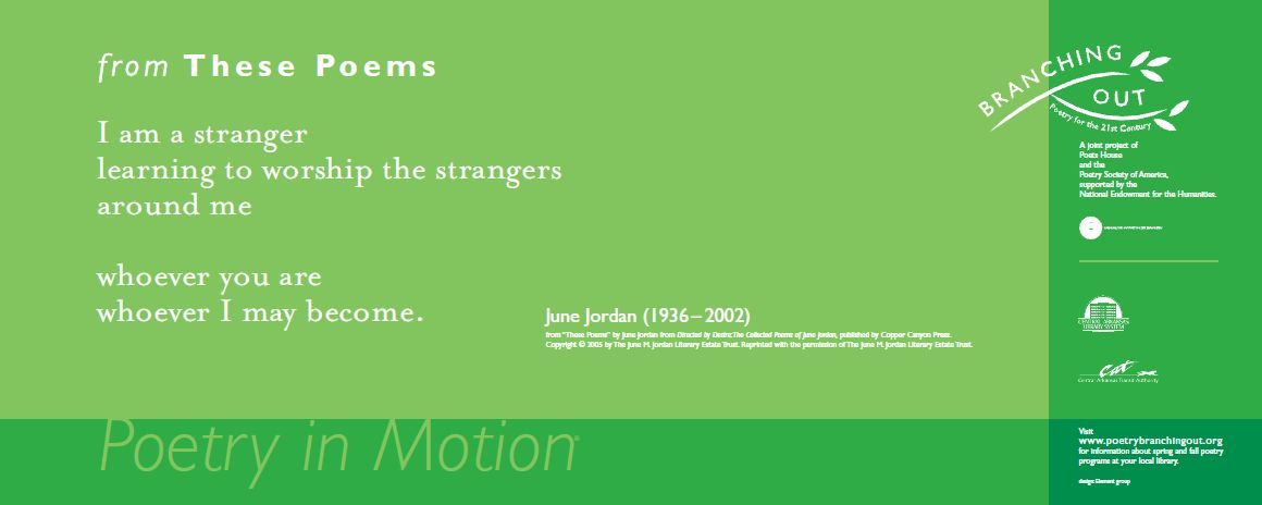 A two-toned green poster features an excerpt from the poem, These Poems by June Jordan, written in white text.