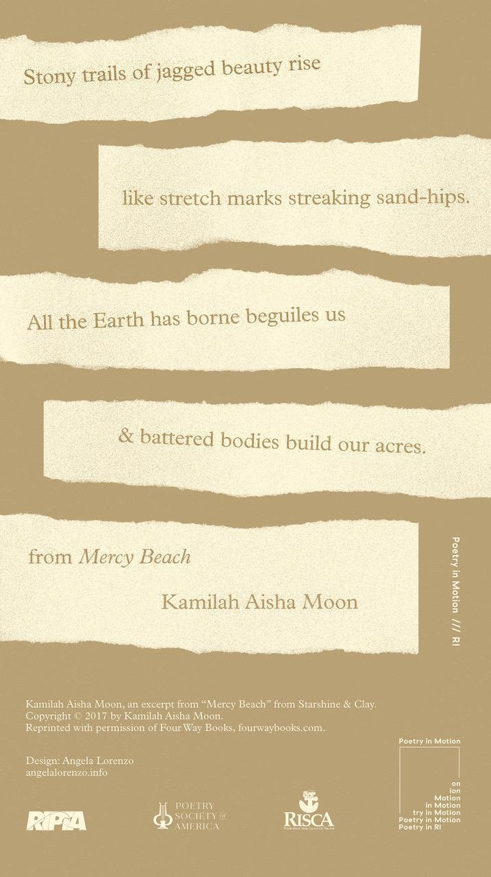 A poster designed by Angela Lorenzo includes an excerpt from the poem Mercy beach by Kamilah Aisha Moon, on a brown and beige background.