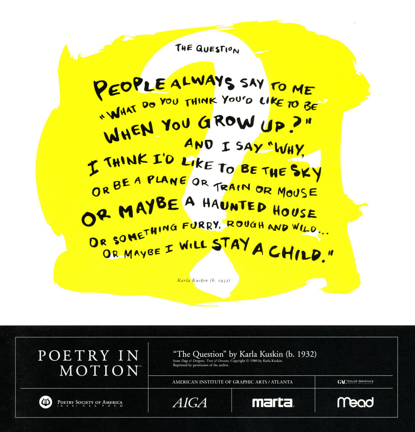 A white question mark is set against a bright yellow background. The poem, The Question, by Karla Kuskin is written in black text.