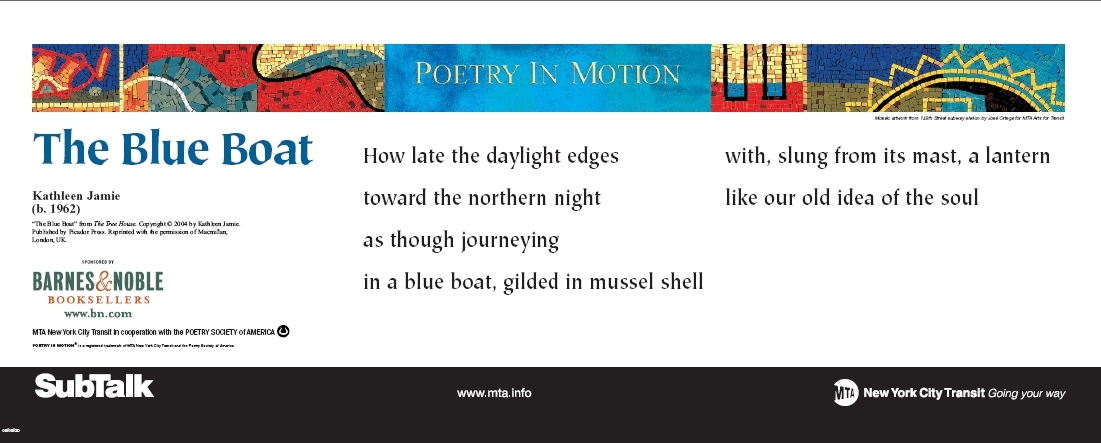 A white horizontal poster with a colorful mosaic at the top features a poem titled The Blue Boat, by Kathleen Jamie.