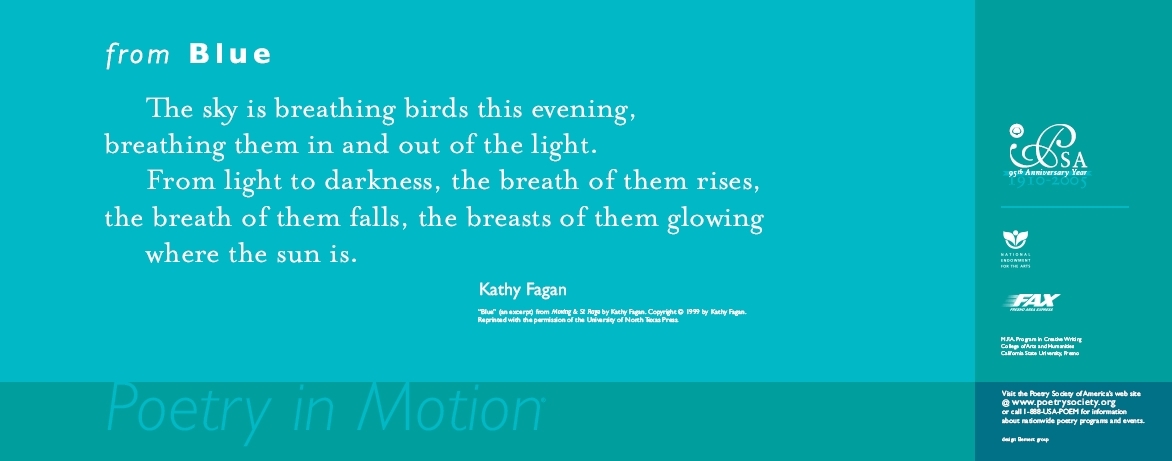 A two-toned turquoise poster features an excerpt from the poem, Blue by Kathy Fagan, written in white text.